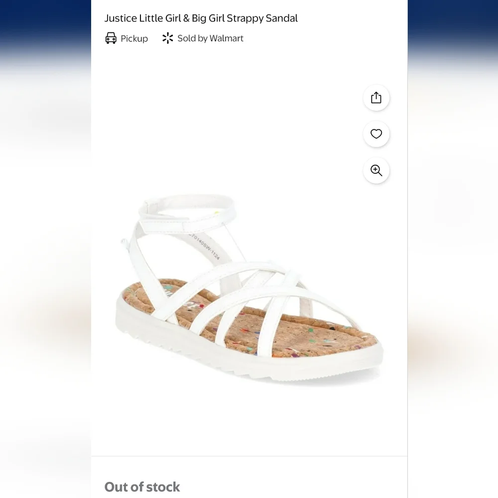 Justice Size 1 Little Girl's Strappy Sandal White Velcro LIKE NEW 2799-L